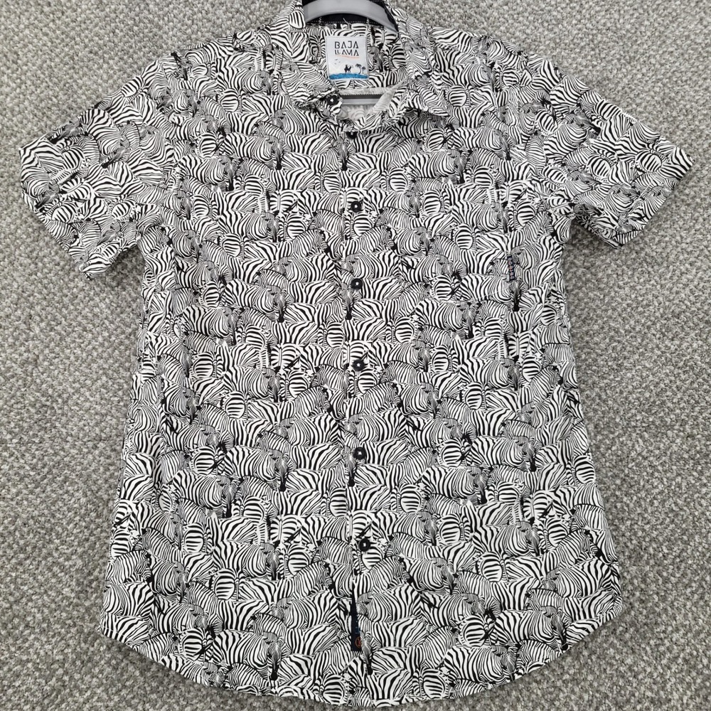 Baja Llama Zebra Print Short Sleeve Button Up Shirt Black White Mens Small